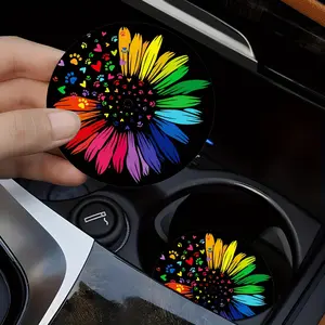 [Car Cup Coaster] 2pcs Colorful Sunflower Pattern Car Coaster, 2.755-inch Round Decorative Car Coaster, Home And Car Water Cup Mat, Beverage Mat, Men'S And Women'S Car Interior Accessories, Colorful Heart And Dog Claw Print Decorative Coaster