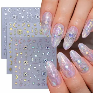 3 Pcs Star Moon 3D Nail Stickers, Laser Metal Mirror Effect Devil Eye DIY Self-Adhesive Nail Decals, Elegant Women's Manicure Decoration, Nail Art Sheet