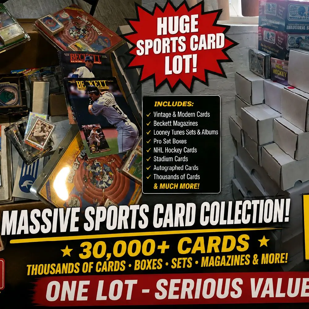 Sports Card Collection Lot – 30,000+ Cards Huge mixed sports card lot featuring baseball, football, and basketball cards from multiple eras, including 1980s, 1990s, 2000s, and modern cards.