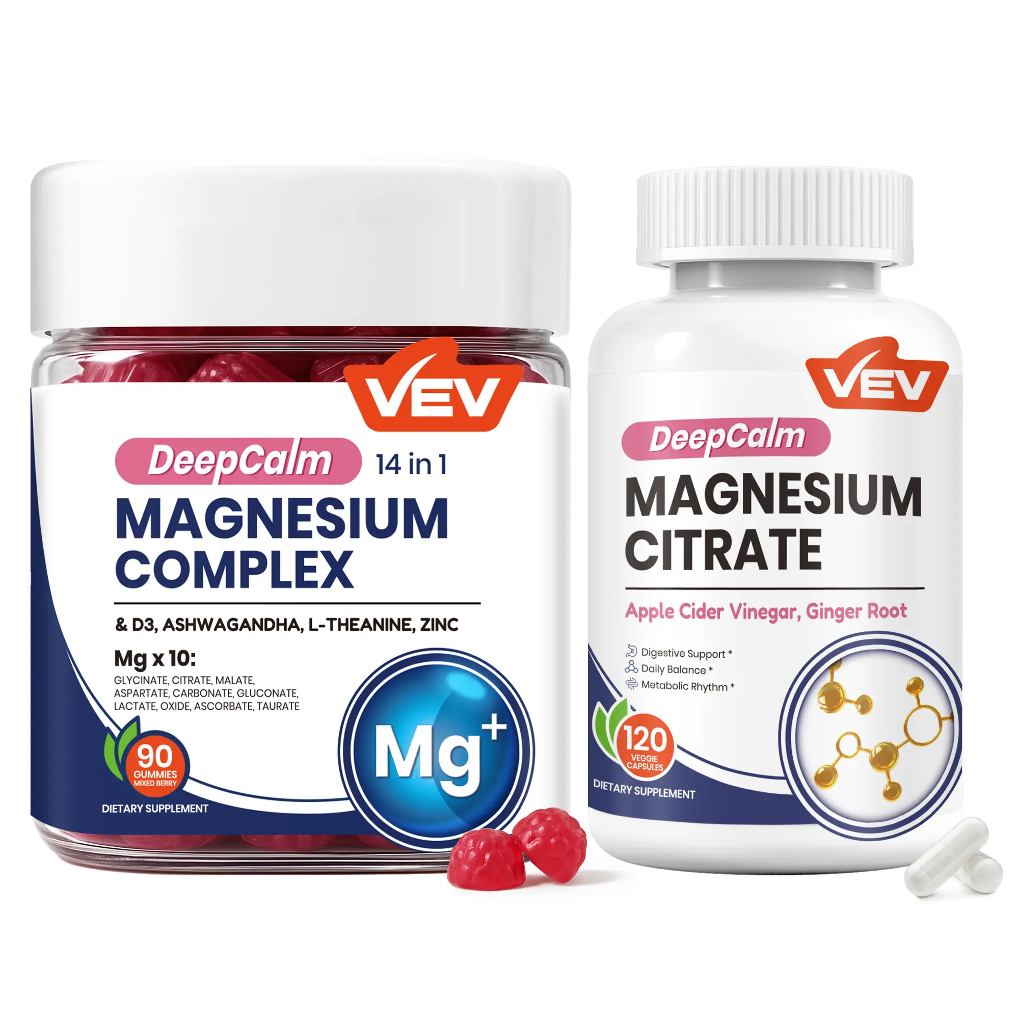 VEV Supplement Bundle: DeepCalm Magnesium Gummies + Magnesium Citrate Capsules , for Daily Nutrition