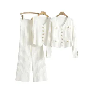 Women's Elegant Three-Piece Set: Knit V-Neck Gold-Toned Button Vest, Wide Leg Trousers & Long Sleeve Cardigan, Formal Casual Womenswear