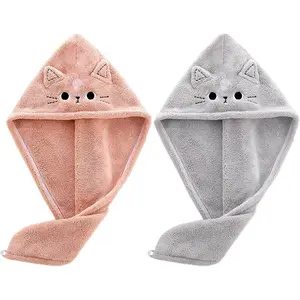 2 Pack Microfiber Absorbent Hair Towel Wrap, Cute Cat Pattern Hair Drying Turbans Head Towels for Kids Women Girls, Pink & Gray Quick Drying Hair Towels for Wet Hair