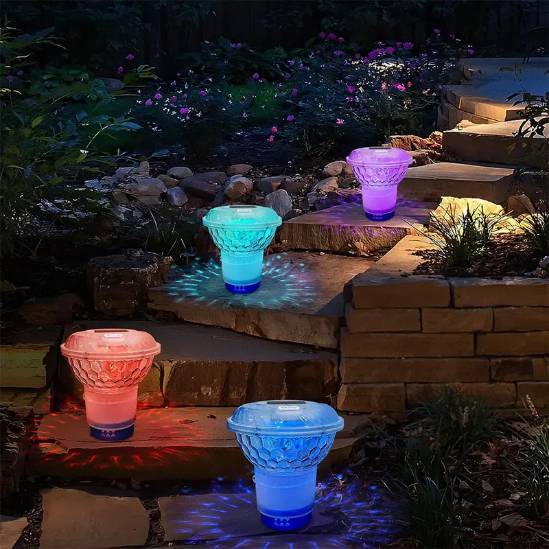 Solar Powered Pool Chlorine Floater with Colorful Lights for Nighttime Ambiance