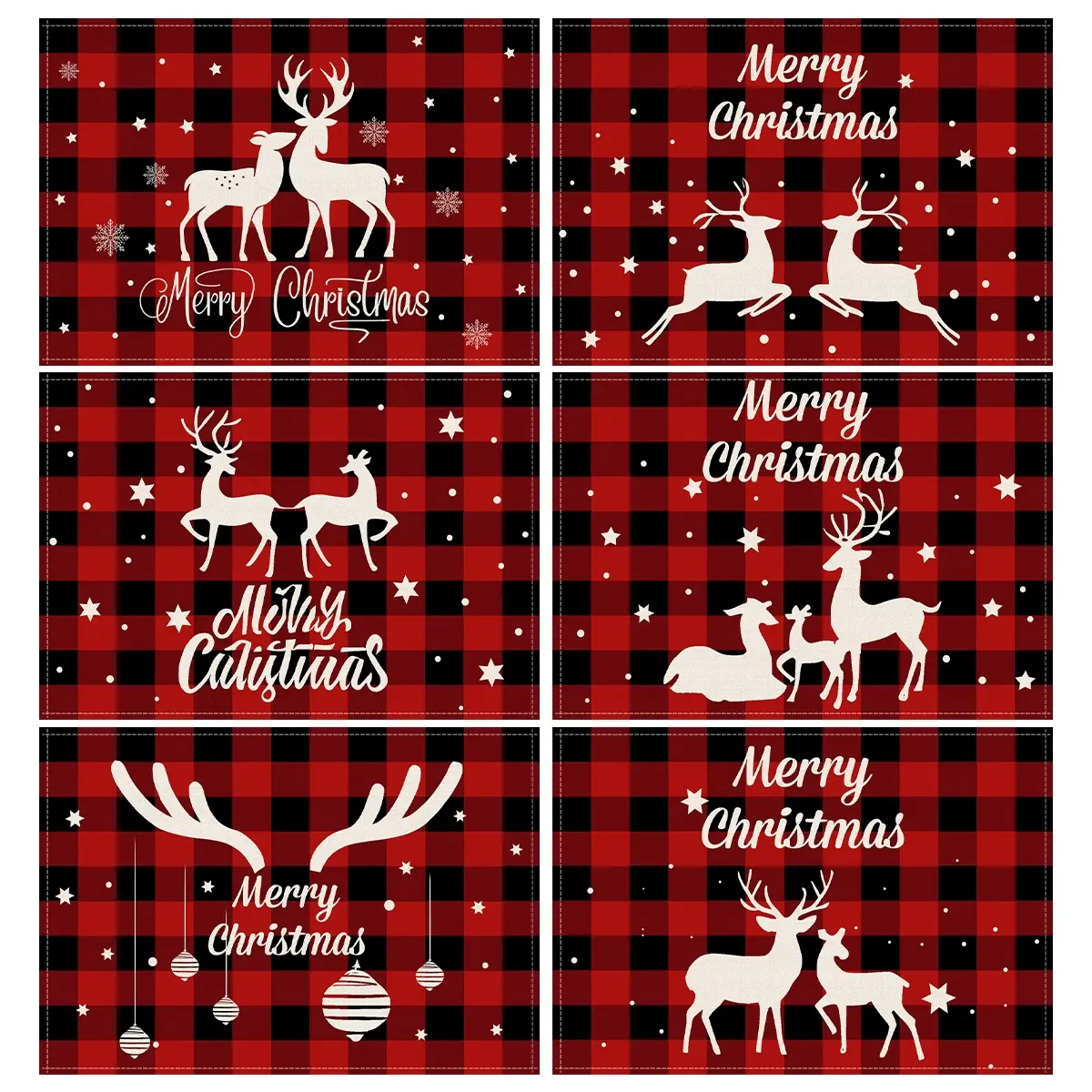4/6pcs Christmas placemat, classic red and black checkered style, white reindeer, snowflake and star design, Christmas party table decoration placemat, table anti slip insulation mat, suitable for restaurants, kitchens, Christmas decorations