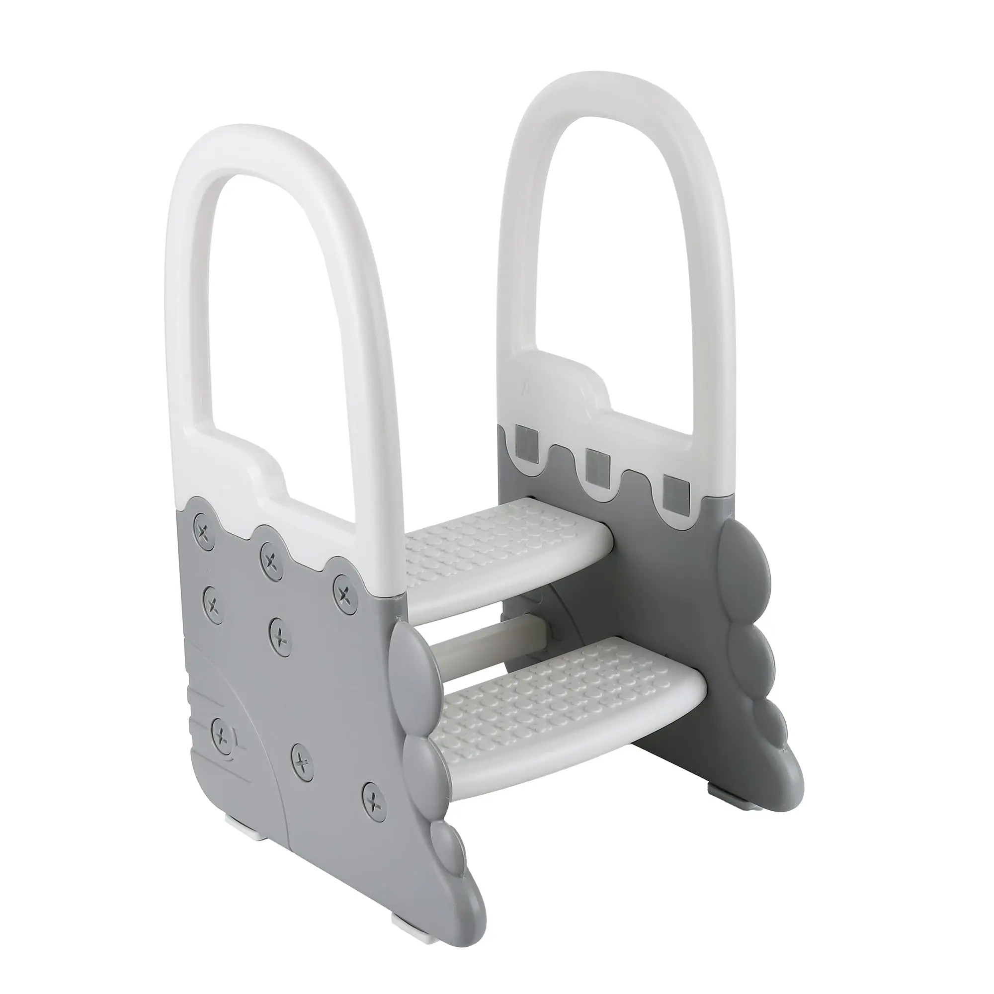 Garvee Toddler 2 Step Stool with Handles and Non-Slip Pads - Plastic Learning Helper for Bathroom Sink, Kitchen Counter, and Toilet Potty Training in Grey White