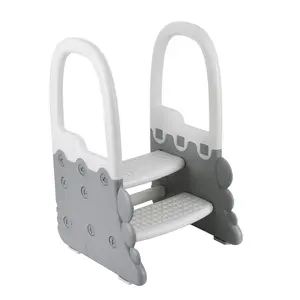 Garvee Toddler 2 Step Stool with Handles and Non-Slip Pads - Plastic Learning Helper for Bathroom Sink, Kitchen Counter, and Toilet Potty Training in Grey White