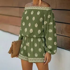 Women's Boho 2 Piece Linen Outfit: Lantern Sleeve Top & Shorts Set | Off Shoulder Floral Print Summer Romper Style | Asymmetric Neck Chic Casual Beach Vacation Travel Wear