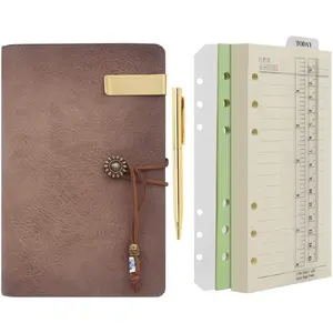 Leather Journal A6 Refillable 6 Ring Binder Notebook with Lined Paper and Pen,Writing Diary for Work Travel and Agenda Plan (a-Maroonpink)