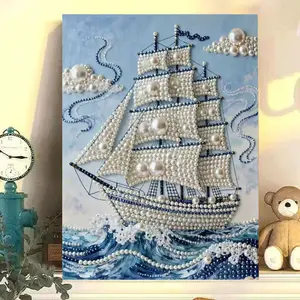 Classic White Sailboat Shimmer Bead Mosaic DIY Paint by Numbers Kit, Nautical Textured Canvas Craft Set, Coastal Style Wall Accent for Interior Decoration & Unique Keepsake Handmade Gifts