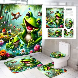 4pcs Cheerful Cartoon Frog Bathroom Set with Shower Curtain, Bath Mats & Toilet Seat Cover - Whimsical Woodland Theme Featuring Vibrant Green Frogs, Colorful Flowers & Birds for a Fun, Nature-Inspired Bathroom Aesthetic