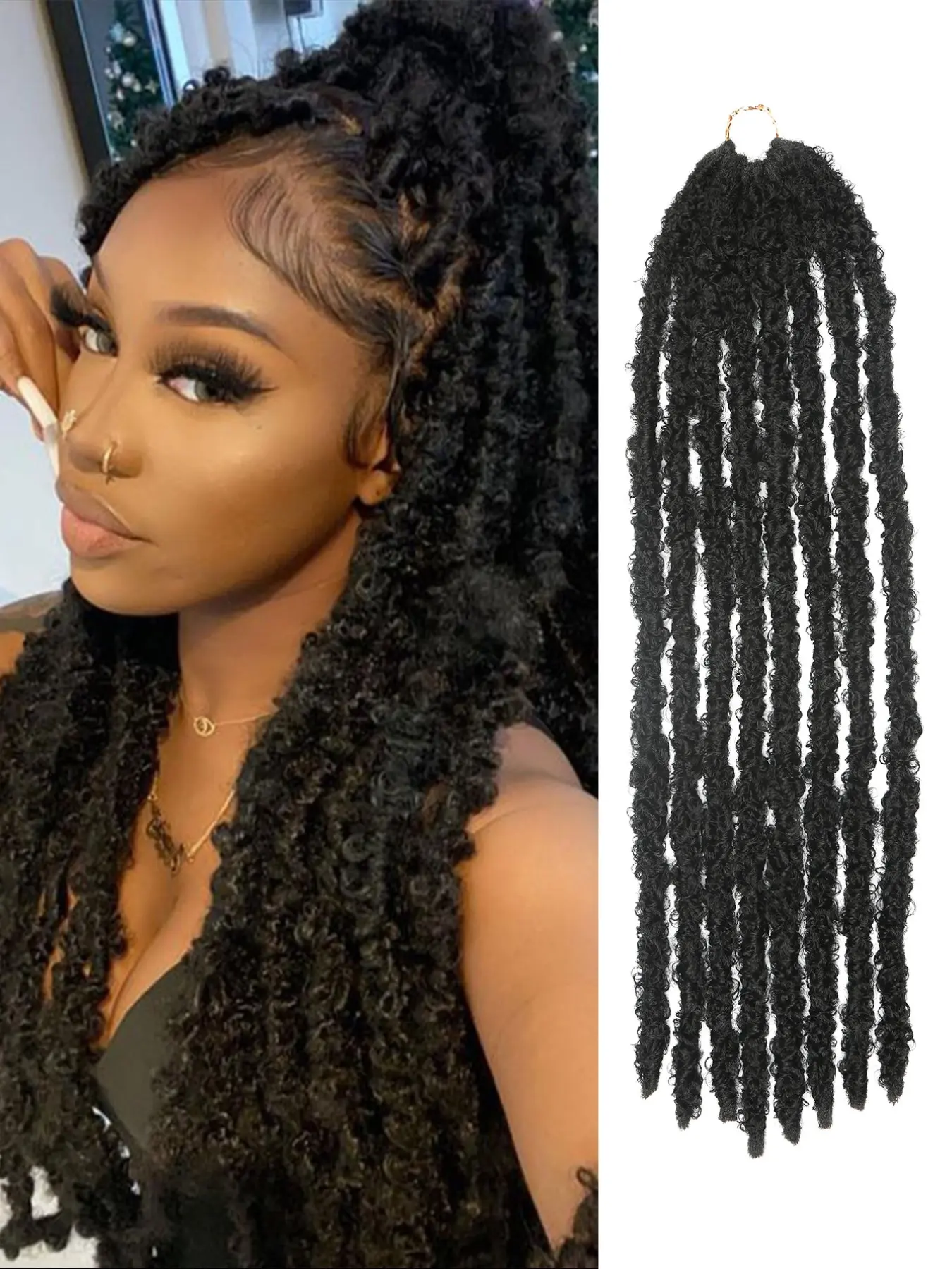 20 Inch Black Pre-Twisted Butterfly Locs Crochet Hair Butterfly Distressed Braids Hair 1 Packs Pre-Looped Messy Distressed Faux Locs Crochet Hair Braids Extensions Soft Locks Curly Braid Synthetic Hair For Women Synthetic Braided Hair