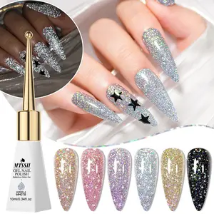 MTSSII 10ml Reflective Glitter Gel Nail Polish, UV LED Gel Polish, 6 Colors Including Pink Red Silver Black Colors Holographic Gel Polish Salon Gel Manicure and Nail Art DIY at Home