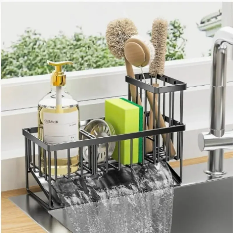Rustproof Multi-Purpose Sink Organizer Caddy, Sponge, Brush & Cleaner Holder, Space-Saving Kitchen Accessory for Sink and Countertop Storage, Dish Drying Rack