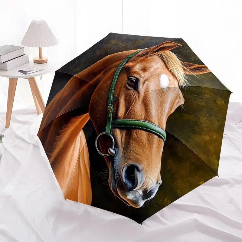 1 PC Automatic Folding Umbrella - Horse Portrait Painting Artwork Pattern, Portable & Foldable Design with 8 Ribs, Merry Christmas Pattern,Casual Outdoor Accessory Halloween and Christmas Birthday Gifts. F0017
