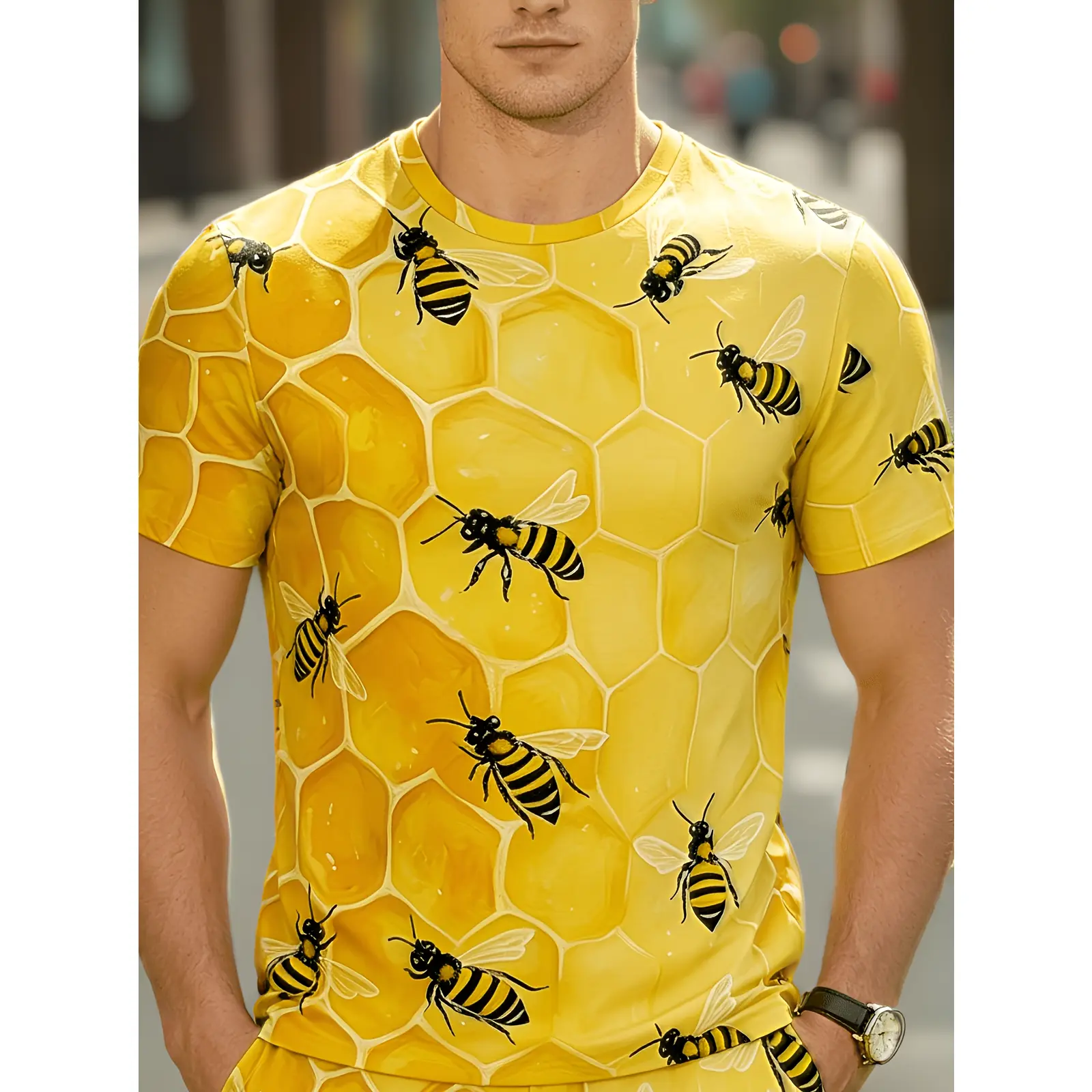 Men's Plus Size Heavyweight Bee Print T-Shirt - 3D Full Bee Design Short Sleeve Shirt, Machine Washable Round Neck Summer Casual Top Suitable for Casual Attire & Halloween Costumes, Bold Bee-Themed Outfits for Adult Men