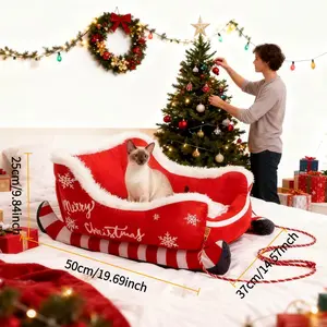 Christmas Sleigh Shaped Dog Bed - Plush and warm winter pet bed with a removable and washable cover and lining, suitable for medium and small dogs - a comfortable festive pet bed, also suitable for puppies and cats.