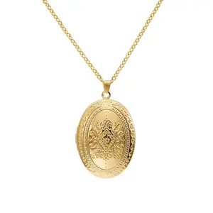 Vintage Engraved Flower Locket Picture Pendant Necklace Antique Carved Oval Heart Pattern For Women Hold Souvenir Memorial
