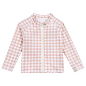 Kids UPF 50+ Long Sleeve Zipper Rash Guard Swim Shirt | "Pink Gingham"
