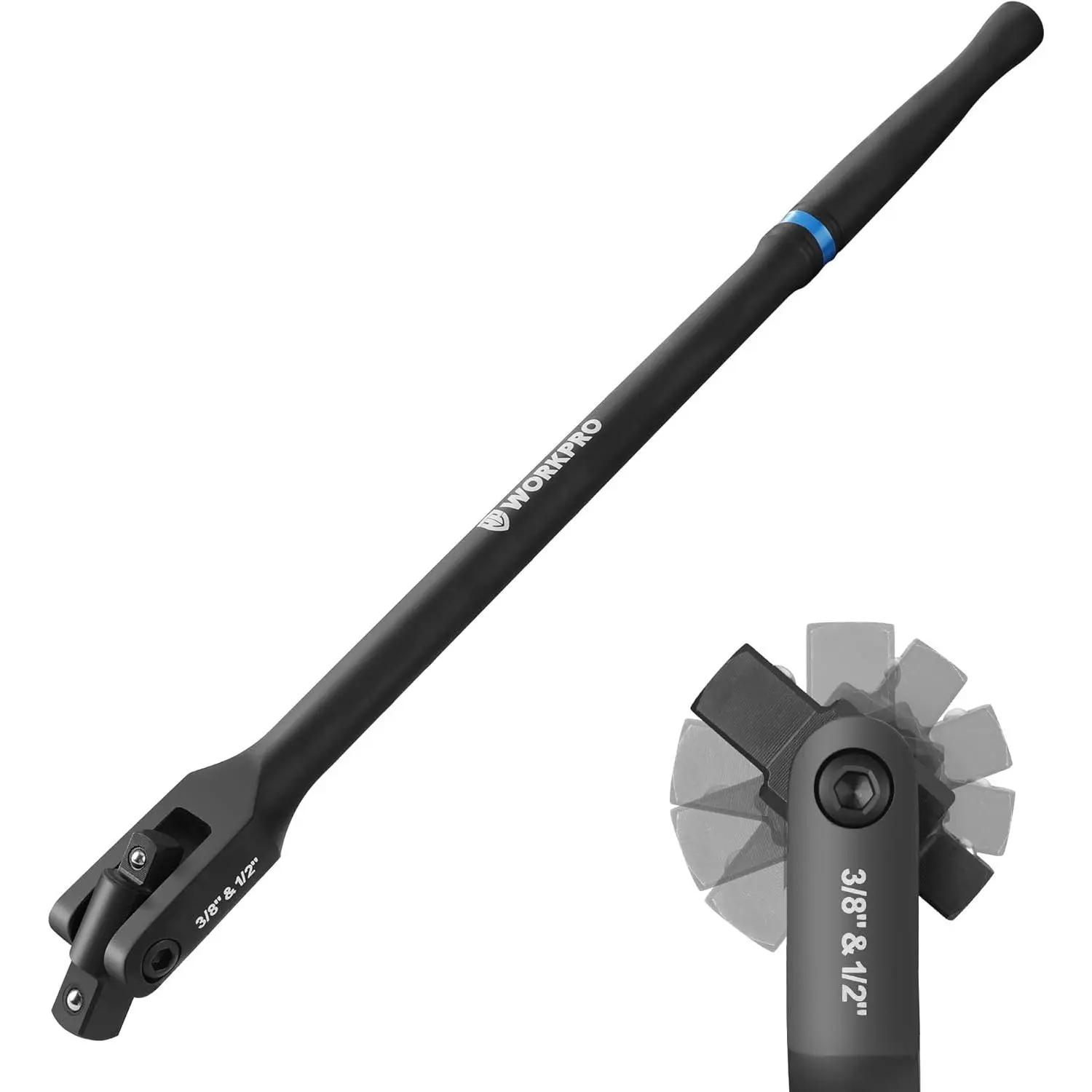 16-inch Dual Drive Breaker Bar (3/8"-1/2" Drives), Heavy Duty Chrome Vanadium Steel with Black Phosphate Finish, 360° Rotatable Head, Spring-loaded Detent Ball, Corrosion-resistant for Automobile Maintenance, Construction, Energy-saving Operation