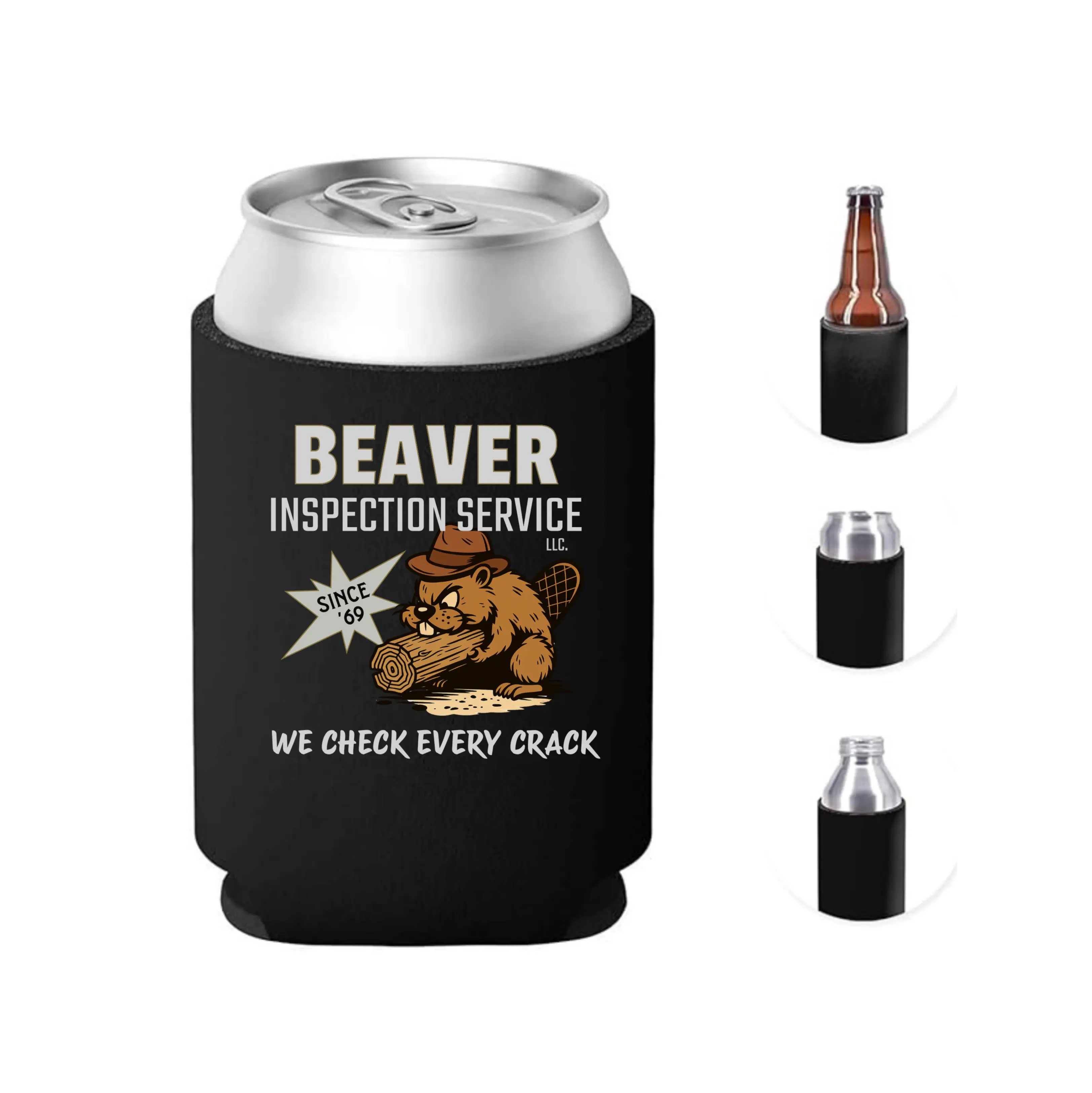 Printed Beaver Inspection Service Funny Can Cooler - Koozie Kitchenware Drinkware Accessory for Bottles, Beverages