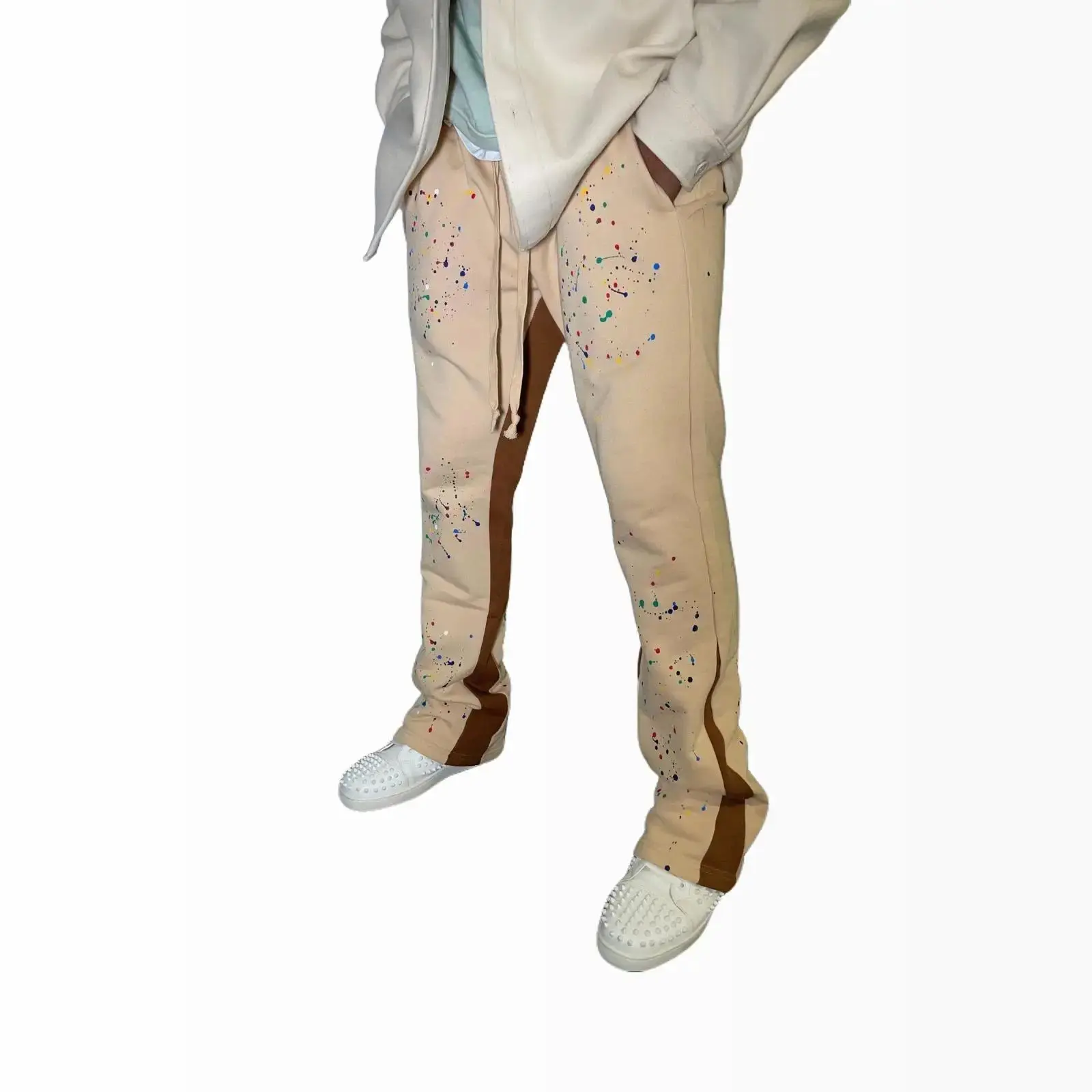 Flared Contrast Sweatpants Khaki - Cotton, Flared Fit, Splatter Pattern, Vintage Style for Men