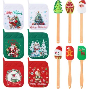 12-Piece Silicone Spatula & Pot Holder Set for Christmas Heat-Resistant Pot Holders with Storage Pouch Baking Christmas Gifts & Party Supplies (Eye-Catching Christmas Style)
