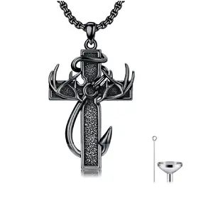 MEIDERBO S925 Sterling Silver Cross Urn with Antler, Fish Hook, and Cremation Necklace - Memorial Jewelry for Men, Keepsake Gifts
