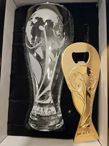 Global Football Trophy Inspired Beer Flute & Metallic Gold Opener Kit - Heavyweight Barware Collection - High-Clarity Commemorative Glassware