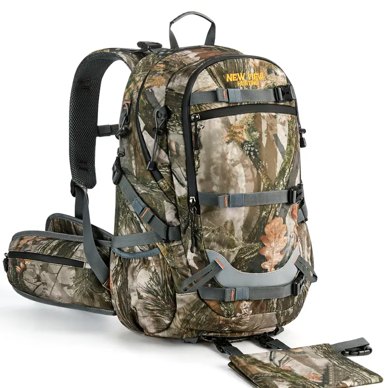 NEW VIEW Unisex 35L Camo Water-Resistant Hiking Camping Backpack - 600D Nylon Durable Multi-Compartment 2100cu Outdoor Daypack, Heat-Cooling Mesh, Rain Cover, Hydration Compatible, All Seasons, Ingenious Loading System, Waterproof Hunt Gear for Adults