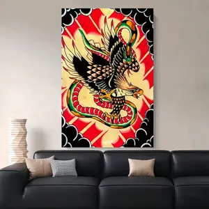 Framed Canvas 1pc Eagle vs Snake Traditional Tattoo Art Canvas Wall Decor - Modern Minimalist Art Deco Framed Print with Vibrant Red & Black Design, Wood Frame for Living Room, Bedroom, Office - Easter, Mother's Day Gift, Hookmount Artwork, Eagle Dec
