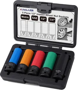 5PCS 1/2" Drive Lug Nut Set, Metric 17mm 19mm 21mm and SAE 13/16", 7/8", Set, Thin Wall Deep Set with Colored Protective Sleeves, 6 Point, Non-Marring