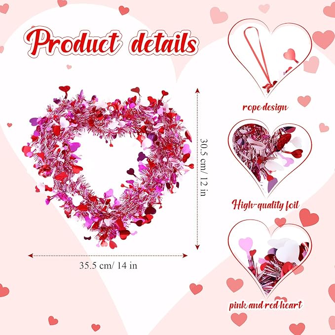 Valentine's Day Heart Wreath 8/6/3 Pcs Red Pink Tinsel Heart Shaped Hanger Wreath for Front Door Window Wall Mantle Kitchen Cabinet Romantic Atmosphere Valentines Decor Wedding Decorations Anniversary Birthday Party Spring Indoor Outdoor Home Decor