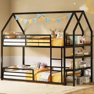 LIKIMIO Bunk Bed Twin Over Twin, Twin Bunk Beds with 3-Tier Storage Bookshelf, Metal Twin House Bed Ladder and Safety Guardrail, Space Saving for Apartment or Dorm, No Box Spring Needed