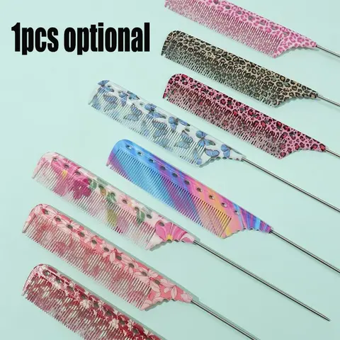 1pc Colorful Anti-Static Rat-Tail, 8 Patterns Available, Professional Hairdressing and Home Styling Comb, Durable and Stylish Design, Leopard Print, Neon, Floral Patterns Optional, Hair Tool