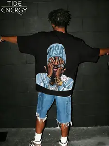 Men's Oversized Hip-Hop Pop Art Print T-Shirt Streetwear, Vintage Street Style Short Sleeve, Blue Usa Cap & Dream Life Slogan, Summer Urban Wear Aesthetic