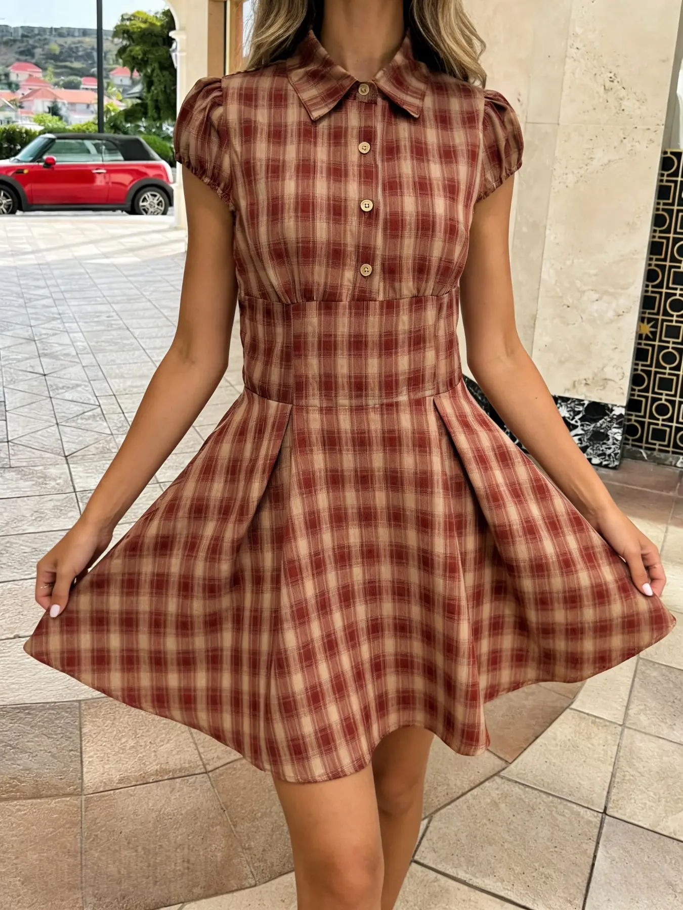 Spring Summer French Countryside Plaid Dress, Collared Bubble Sleeves Waist Cinching Design, Casual Commuter Style, Office Daily Wear