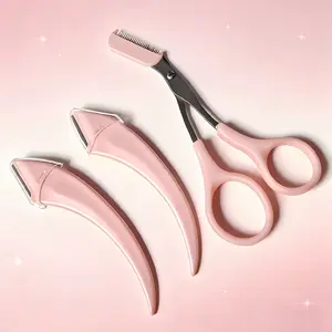 No-Cut Eyebrow Trimmer Kit，2 Razors+1 Eyebrow Scissors，Imported Stainless Steel，Salon Same Tool Pink Bathroom Accessory
