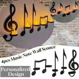 Black Metal Music Note Wall Sconce - 4pcs Set, Candle Holder, Creative Hanging Candlestick, Bedroom, Living Room, Hallway & Weddings Decoration Ornaments Extendable Home Design Interior