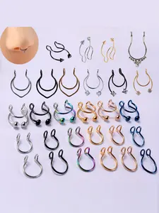 28pcs Stainless Steel Antler Nose Ring with Synthetic Zirconia Stud, Adjustable No-Hole Piercing Jewelry Nose Piercing Kit for Men and Women
