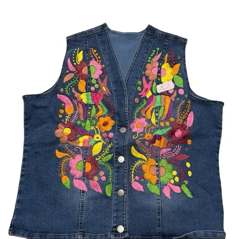 Chaleco Tenango - Handmade in Mexico - chaleco artesanal con bolsos - chaleco mexicano chaleco mezclilla Tenango bordado