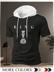 Men's Contrast Color Hooded Short Sleeve T-Shirt, Black & Red Casual Top with "KING" & Silver Chess King Graphic, Edgy Design, Soft Comfortable Fabric Fitted Streetwear Tee for Daily Wear, Casual Hangouts & Chess Enthusiasts, Available in Multiple Colors