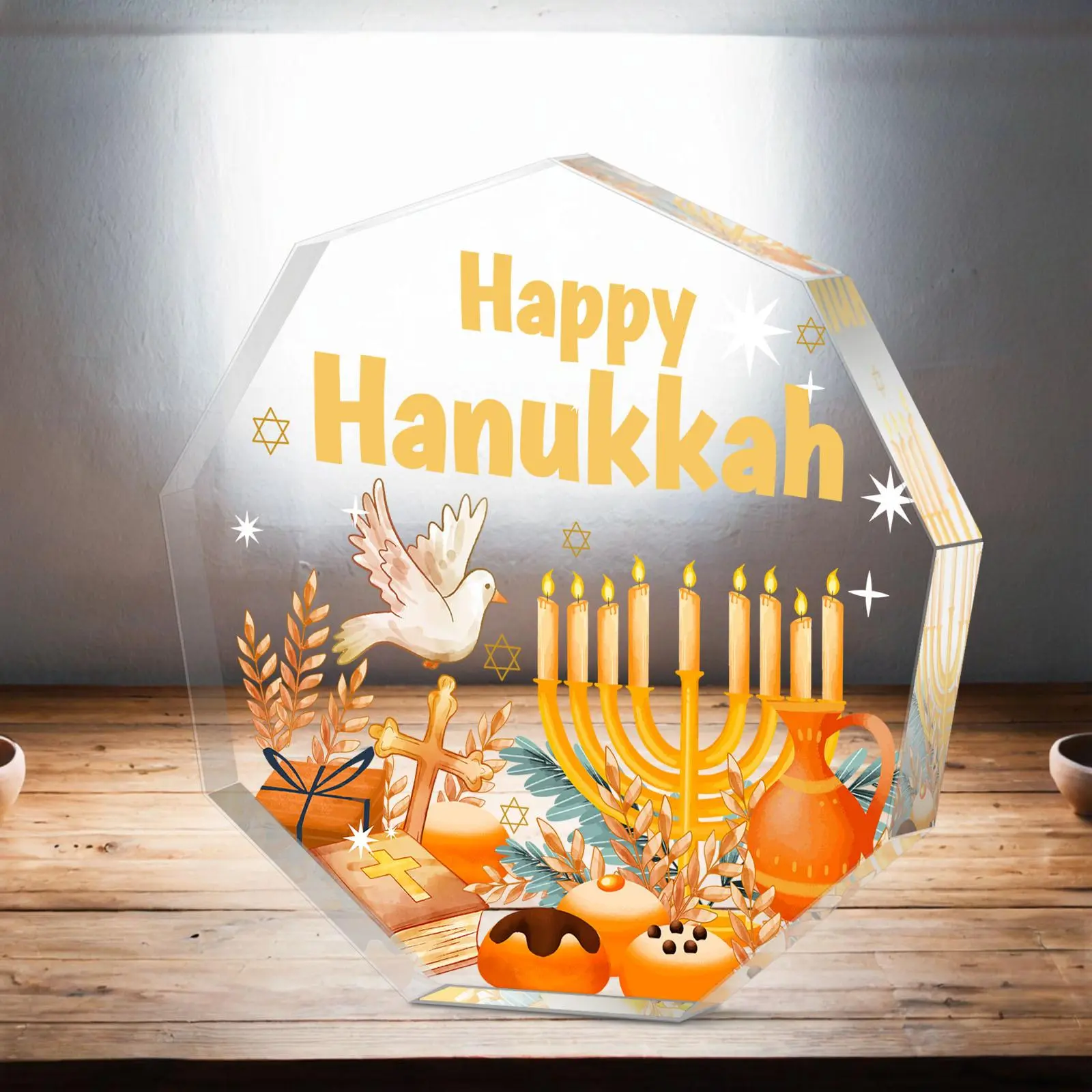 Happy Hanukkah Themed Acrylic Plaque, 1 Count Hanukkah Peace Dove Candlestick Pattern Ornament, Office Desktop Decoration, Home Decoration Gift