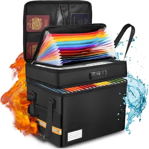 Fireproof Document Box with 13 Pockets Accordian File Organizer, Water-Resistant File Organizer Box with Lock, Collapsible File Storage Cabinet for  Letter/Legal Folder, Black