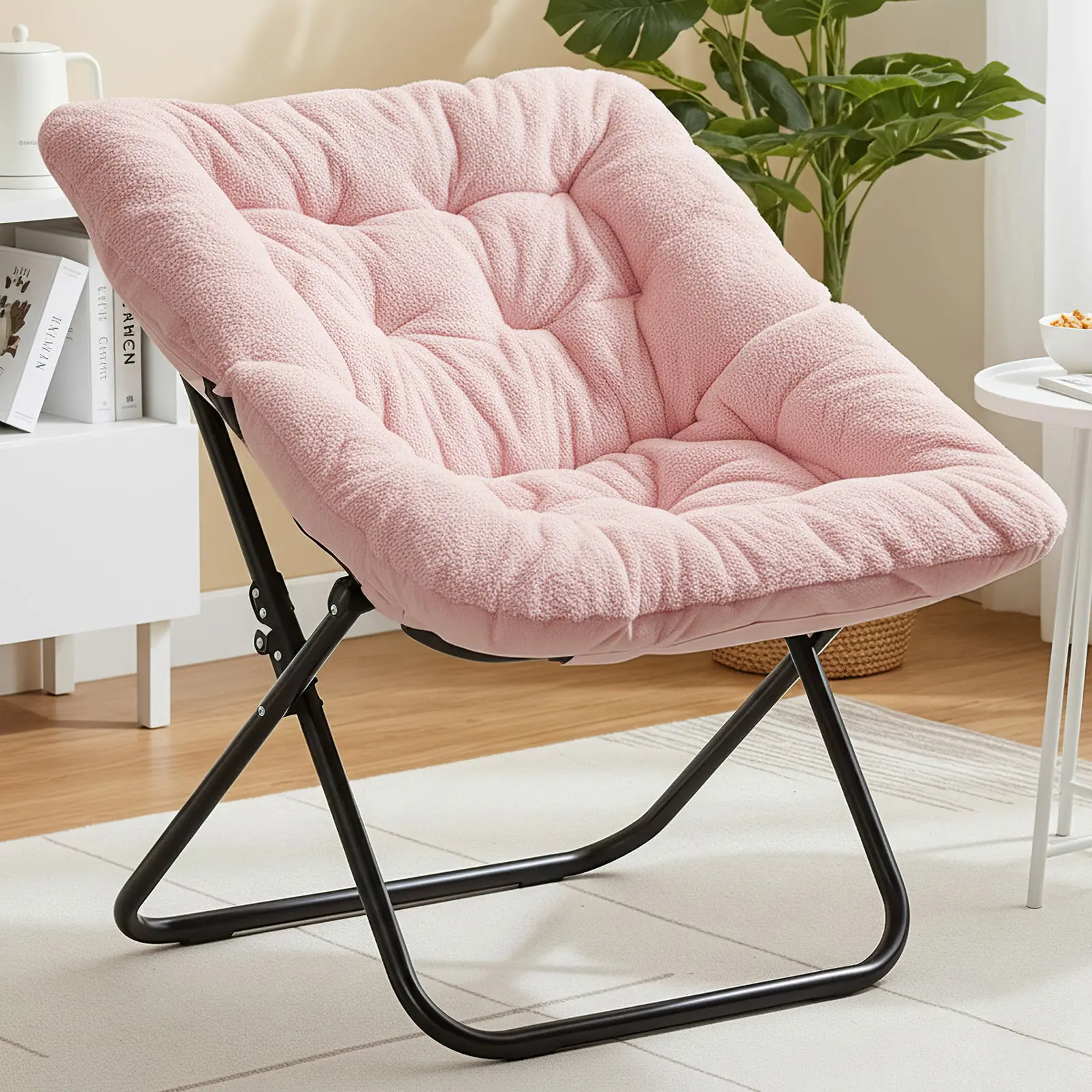 EDX Comfy Faux Fur Folding Saucer Chair for Adults - Comfortable Fully Assembled Indoor Lounge Seat, Durable Steel Frame, Easy to Spot-Clean, Chair for Bedroom, Foldable, White/Pink/Grey