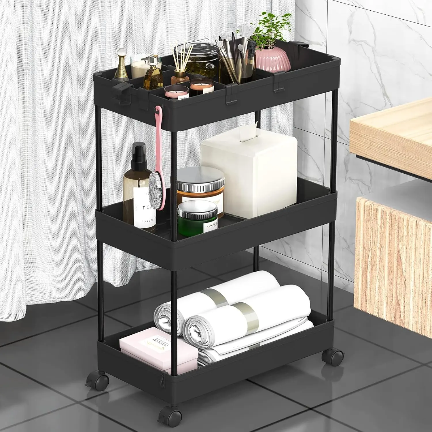 Lightweight Modern 3-Tier Rolling Storage Cart with Wheels, Racks, Shelf, 3 Hanging Baskets, Easy Assembly for Personal Care, Office, Kitchen - Indoor Recreation Organizer Trolley (Black), 3 Tier Rolling Cart