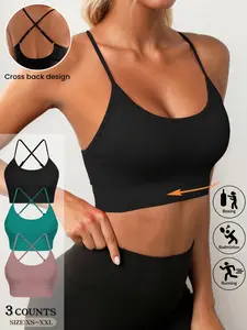 Women's 3-Pack Plain Backless Adjustable Straps Sports Bras, Removable Pads, Seamless Breathable, XS-Xxl, All Seasons, Yoga Outdoor Running Wear