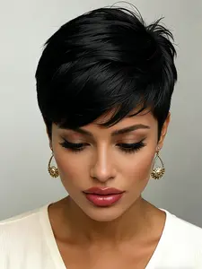 Straight Layered Natural Pixie Cut Human Hair Glueless Wigs for Women, Short Daily Party Cosplay Use, Machine Made Wig