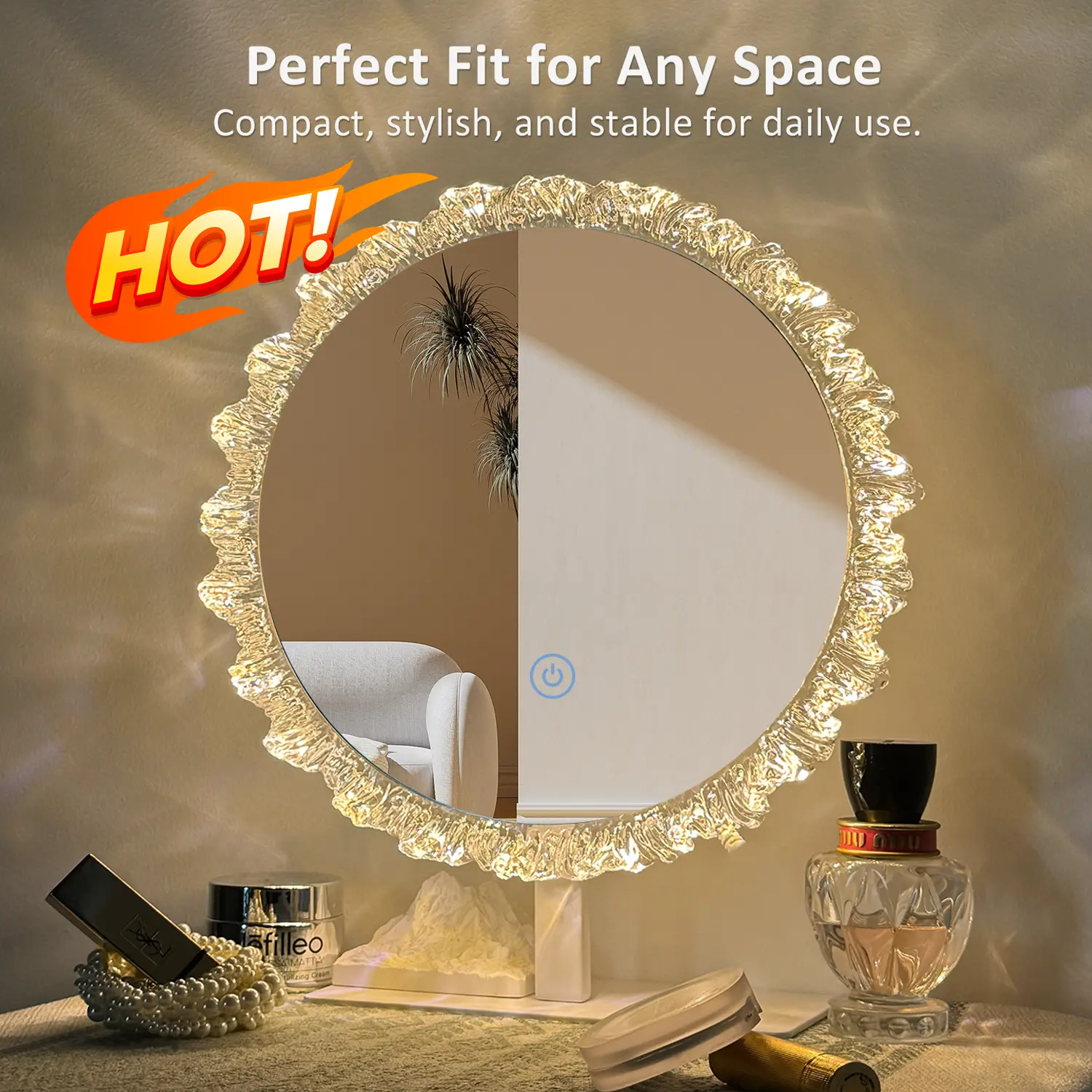 GLITGATE Elegant Crystal Round Vanity Mirror, Vintage Mirror With Touch Control, LED Desktop Makeup Mirror, Table Lamp, Night Light, Adjustable Brightness, 3 CCT, HD Mirror, For Decor, Bathroom, Entryway, Bedroom Elegant, Best Gifts
