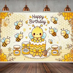 Cute Bee Themed "Happy Birthday" Backdrop Banner for Sweet Celebrations Indoor & Outdoor Birthday Party Decoration Home Background Cake Table Background