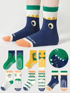 5 Pairs Kids Floor Socks Cartoon Dinosaur Design, Soft Sole Non-Slip Mid-Calf Socks for Boys & Girls, Indoor Casual Use